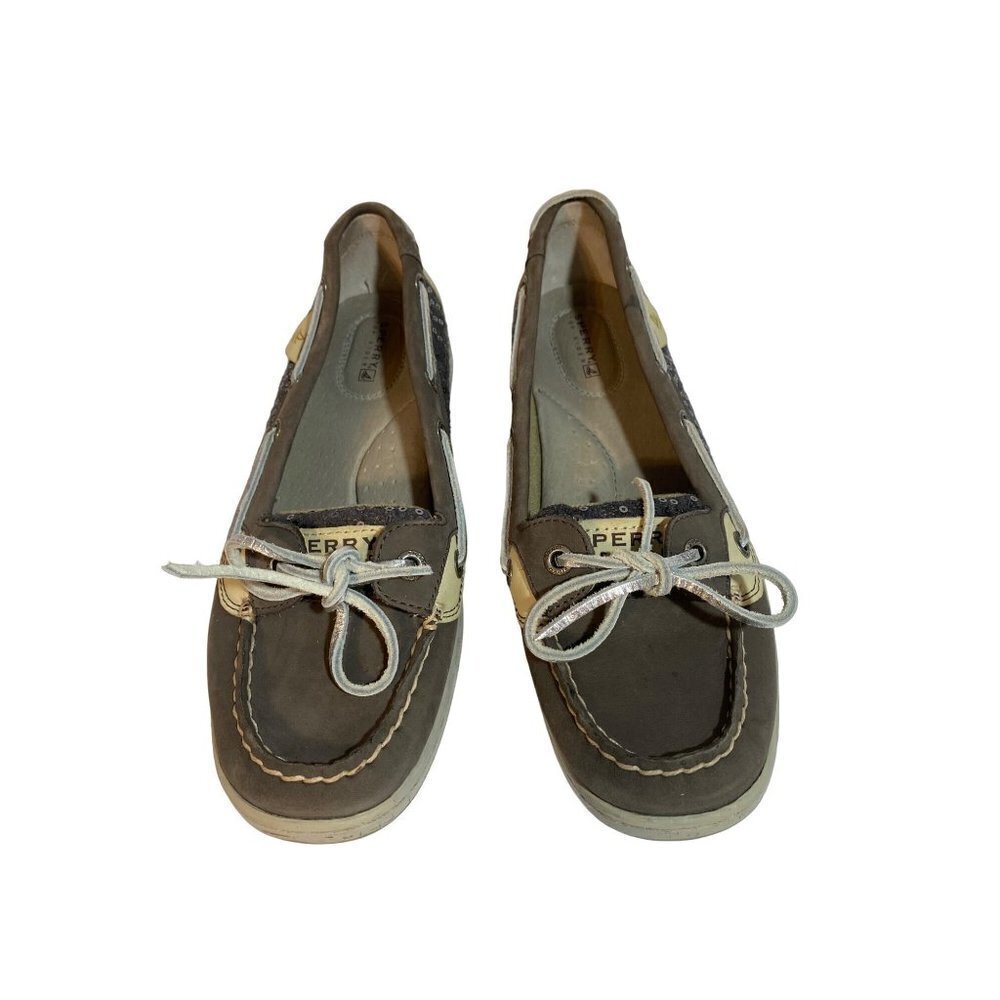 Sperry Top Sider Taupe Leather Gray Sequin‎ Slip On Boat Shoes Sz 8 1/2 - Picture 2 of 10